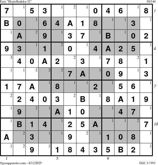The grouppuzzles.com Easy HyperSudoku-12 puzzle for Tuesday August 12, 2025 with all 3 steps marked