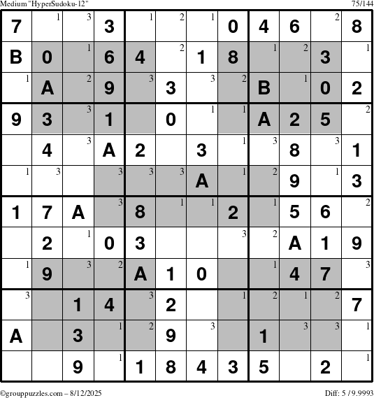The grouppuzzles.com Medium HyperSudoku-12 puzzle for Tuesday August 12, 2025 with the first 3 steps marked