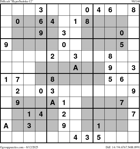 The grouppuzzles.com Difficult HyperSudoku-12 puzzle for Tuesday August 12, 2025