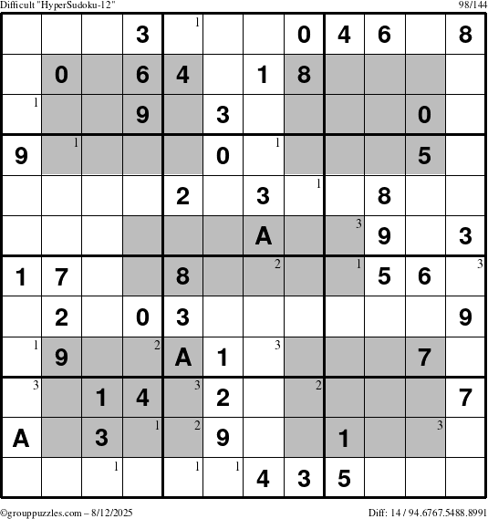 The grouppuzzles.com Difficult HyperSudoku-12 puzzle for Tuesday August 12, 2025 with the first 3 steps marked