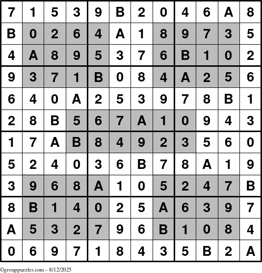 The grouppuzzles.com Answer grid for the HyperSudoku-12 puzzle for Tuesday August 12, 2025
