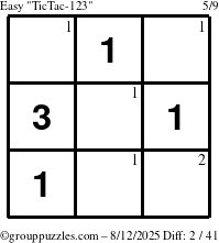 The grouppuzzles.com Easy TicTac-123 puzzle for Tuesday August 12, 2025 with the first 2 steps marked