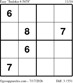 The grouppuzzles.com Easy Sudoku-4-5678 puzzle for Friday July 17, 2026