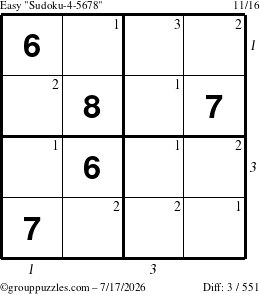 The grouppuzzles.com Easy Sudoku-4-5678 puzzle for Friday July 17, 2026 with all 3 steps marked
