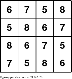 The grouppuzzles.com Answer grid for the Sudoku-4-5678 puzzle for Friday July 17, 2026