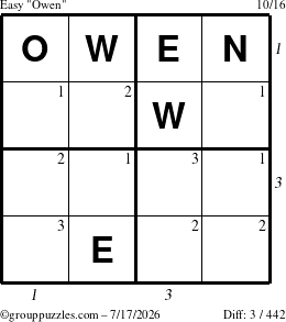 The grouppuzzles.com Easy Owen puzzle for Friday July 17, 2026 with all 3 steps marked