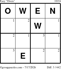 The grouppuzzles.com Easy Owen puzzle for Friday July 17, 2026 with the first 3 steps marked