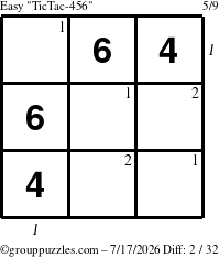 The grouppuzzles.com Easy TicTac-456 puzzle for Friday July 17, 2026 with all 2 steps marked