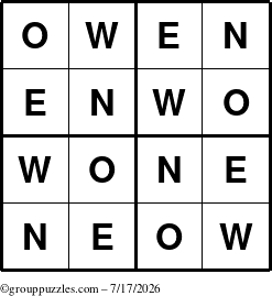 The grouppuzzles.com Answer grid for the Owen puzzle for Friday July 17, 2026