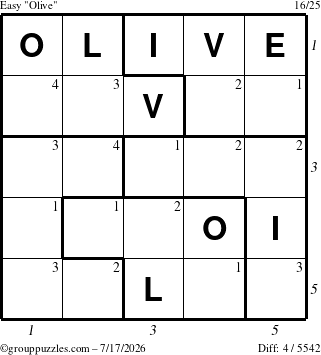 The grouppuzzles.com Easy Olive puzzle for Friday July 17, 2026, suitable for printing, with all 4 steps marked