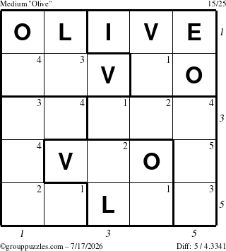 The grouppuzzles.com Medium Olive puzzle for Friday July 17, 2026, suitable for printing, with all 5 steps marked