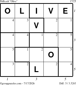 The grouppuzzles.com Difficult Olive puzzle for Friday July 17, 2026, suitable for printing, with all 5 steps marked