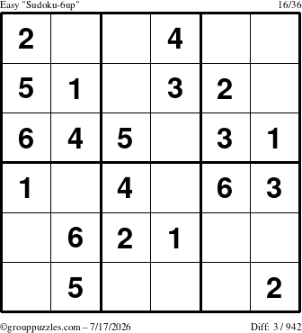 The grouppuzzles.com Easy Sudoku-6up puzzle for Friday July 17, 2026