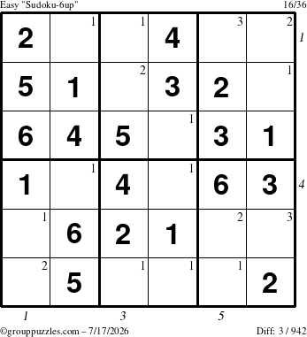 The grouppuzzles.com Easy Sudoku-6up puzzle for Friday July 17, 2026, suitable for printing, with all 3 steps marked
