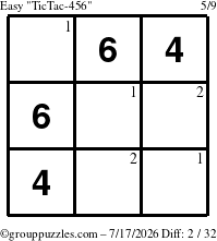 The grouppuzzles.com Easy TicTac-456 puzzle for Friday July 17, 2026 with the first 2 steps marked