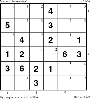 The grouppuzzles.com Medium Sudoku-6up puzzle for Friday July 17, 2026, suitable for printing, with all 4 steps marked