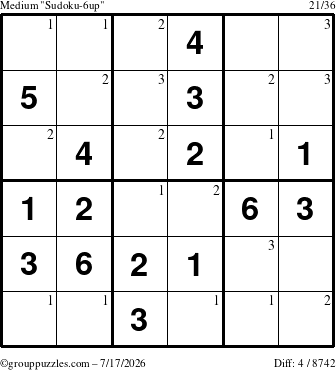The grouppuzzles.com Medium Sudoku-6up puzzle for Friday July 17, 2026 with the first 3 steps marked