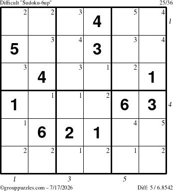The grouppuzzles.com Difficult Sudoku-6up puzzle for Friday July 17, 2026, suitable for printing, with all 5 steps marked