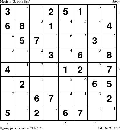 The grouppuzzles.com Medium Sudoku-8up puzzle for Friday July 17, 2026 with all 6 steps marked