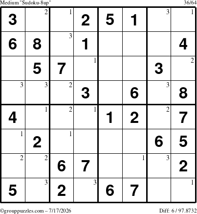 The grouppuzzles.com Medium Sudoku-8up puzzle for Friday July 17, 2026 with the first 3 steps marked