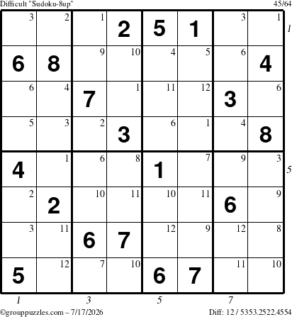 The grouppuzzles.com Difficult Sudoku-8up puzzle for Friday July 17, 2026 with all 12 steps marked