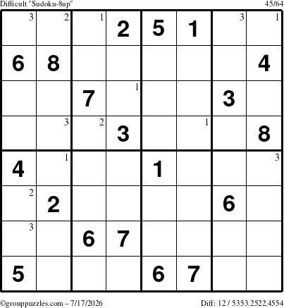The grouppuzzles.com Difficult Sudoku-8up puzzle for Friday July 17, 2026 with the first 3 steps marked