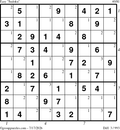 The grouppuzzles.com Easy Sudoku puzzle for Friday July 17, 2026 with all 3 steps marked