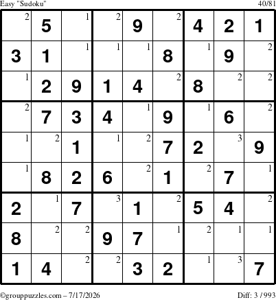 The grouppuzzles.com Easy Sudoku puzzle for Friday July 17, 2026 with the first 3 steps marked