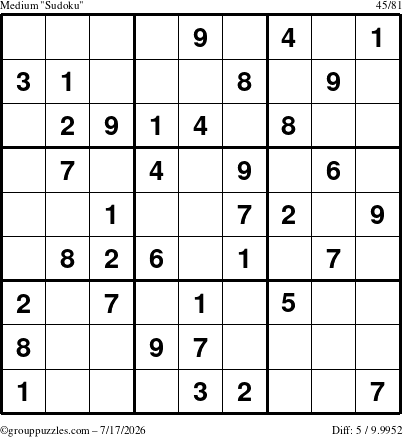 The grouppuzzles.com Medium Sudoku puzzle for Friday July 17, 2026