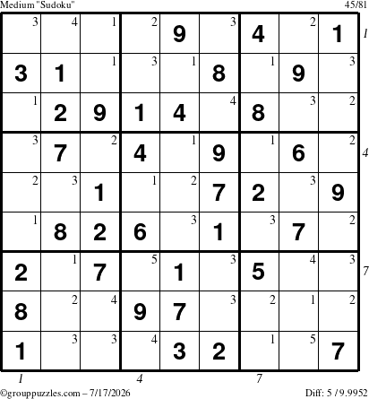 The grouppuzzles.com Medium Sudoku puzzle for Friday July 17, 2026 with all 5 steps marked