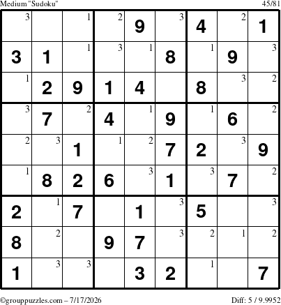 The grouppuzzles.com Medium Sudoku puzzle for Friday July 17, 2026 with the first 3 steps marked