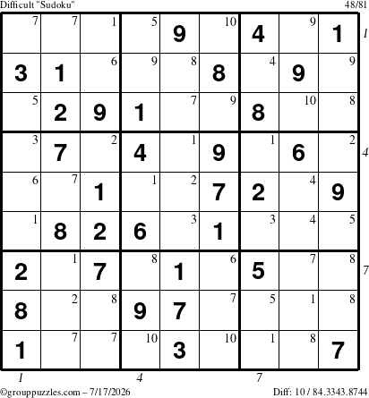 The grouppuzzles.com Difficult Sudoku puzzle for Friday July 17, 2026, suitable for printing, with all 10 steps marked