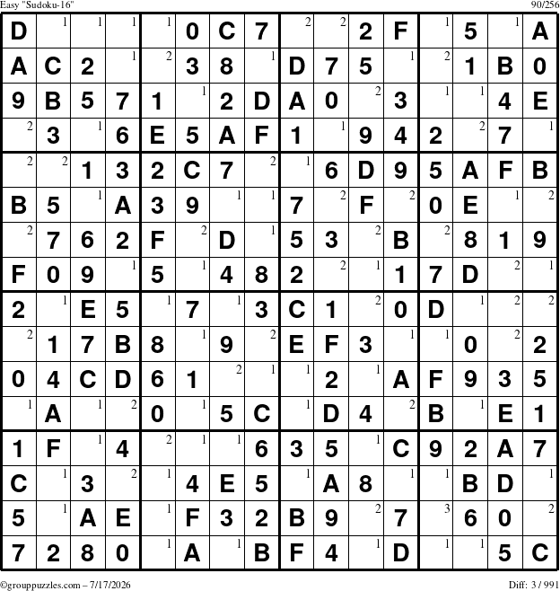 The grouppuzzles.com Easy Sudoku-16 puzzle for Friday July 17, 2026 with the first 3 steps marked