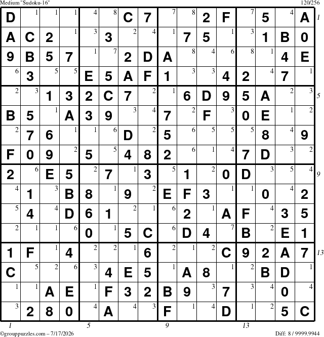 The grouppuzzles.com Medium Sudoku-16 puzzle for Friday July 17, 2026, suitable for printing, with all 8 steps marked