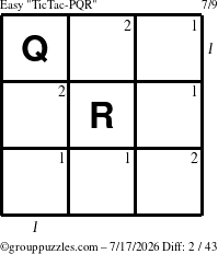 The grouppuzzles.com Easy TicTac-PQR puzzle for Friday July 17, 2026, suitable for printing, with all 2 steps marked