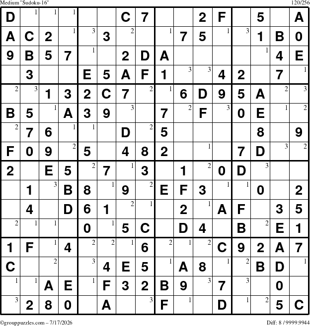 The grouppuzzles.com Medium Sudoku-16 puzzle for Friday July 17, 2026 with the first 3 steps marked