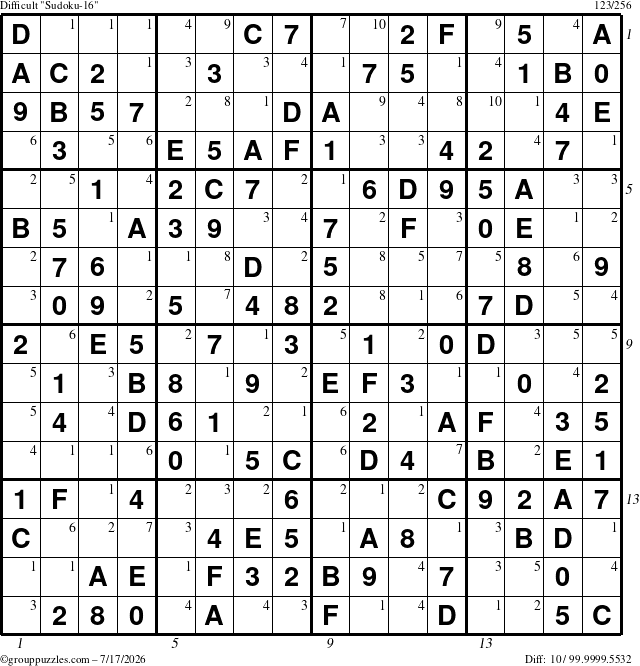 The grouppuzzles.com Difficult Sudoku-16 puzzle for Friday July 17, 2026, suitable for printing, with all 10 steps marked