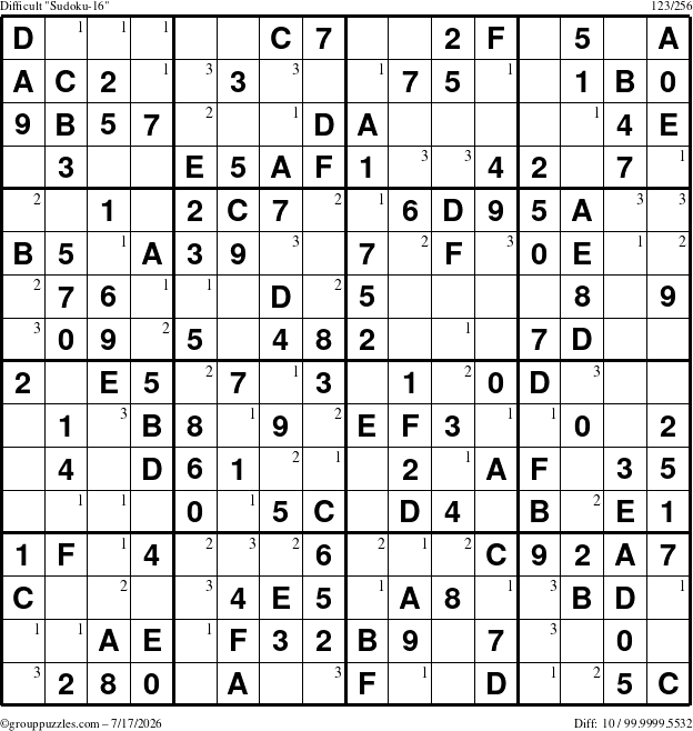 The grouppuzzles.com Difficult Sudoku-16 puzzle for Friday July 17, 2026 with the first 3 steps marked