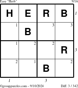 The grouppuzzles.com Easy Herb puzzle for Tuesday September 10, 2024 with all 3 steps marked