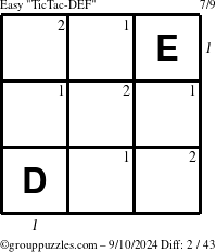 The grouppuzzles.com Easy TicTac-DEF puzzle for Tuesday September 10, 2024 with all 2 steps marked