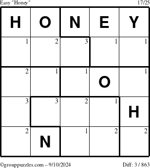 The grouppuzzles.com Easy Honey puzzle for Tuesday September 10, 2024 with the first 3 steps marked