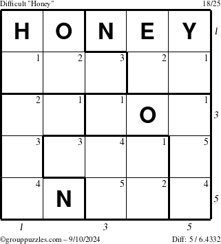 The grouppuzzles.com Difficult Honey puzzle for Tuesday September 10, 2024 with all 5 steps marked