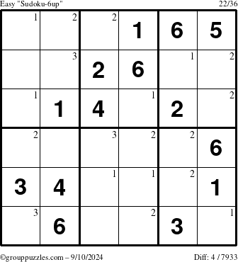 The grouppuzzles.com Easy Sudoku-6up puzzle for Tuesday September 10, 2024 with the first 3 steps marked