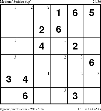 The grouppuzzles.com Medium Sudoku-6up puzzle for Tuesday September 10, 2024 with the first 3 steps marked