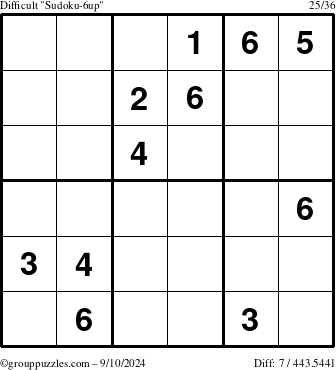 The grouppuzzles.com Difficult Sudoku-6up puzzle for Tuesday September 10, 2024