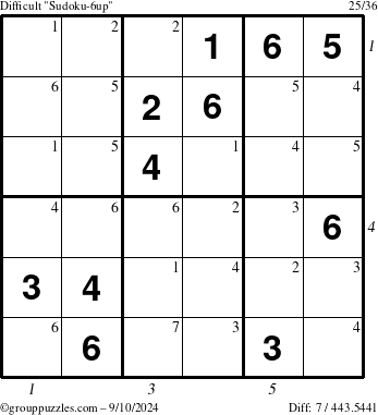 The grouppuzzles.com Difficult Sudoku-6up puzzle for Tuesday September 10, 2024 with all 7 steps marked