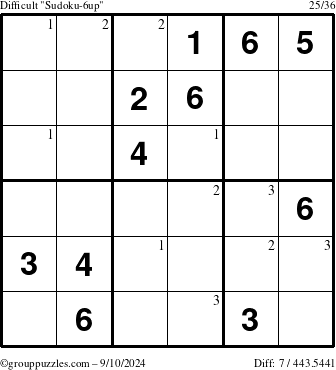 The grouppuzzles.com Difficult Sudoku-6up puzzle for Tuesday September 10, 2024 with the first 3 steps marked