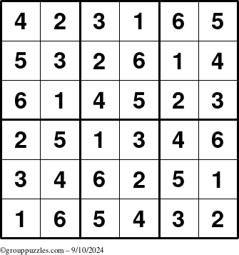 The grouppuzzles.com Answer grid for the Sudoku-6up puzzle for Tuesday September 10, 2024