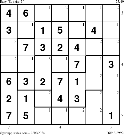 The grouppuzzles.com Easy Sudoku-7 puzzle for Tuesday September 10, 2024, suitable for printing, with all 3 steps marked