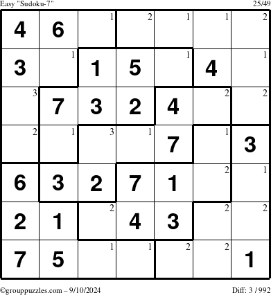 The grouppuzzles.com Easy Sudoku-7 puzzle for Tuesday September 10, 2024 with the first 3 steps marked